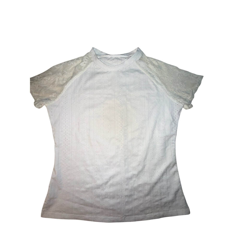 Womens White Eyelet Lace Short Sleeve Crew Neck Top Floral Raglan Tee